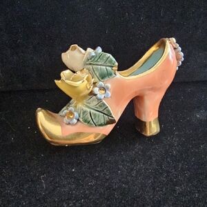 Miniature Vintage High Heel Shoe by Rozart Hand Decorated Ceramic Flowers
